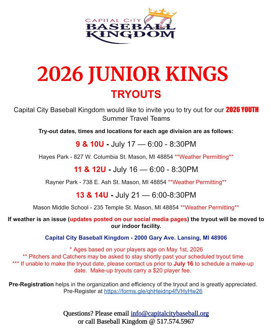 ***TRYOUT DATES***

9U/10U - July 17
11U/12U - July 16
13U/14U - July 21

Pre-Register - forms.gle/z1Hgh6ni9cdz1C…

See the flyer below for details!