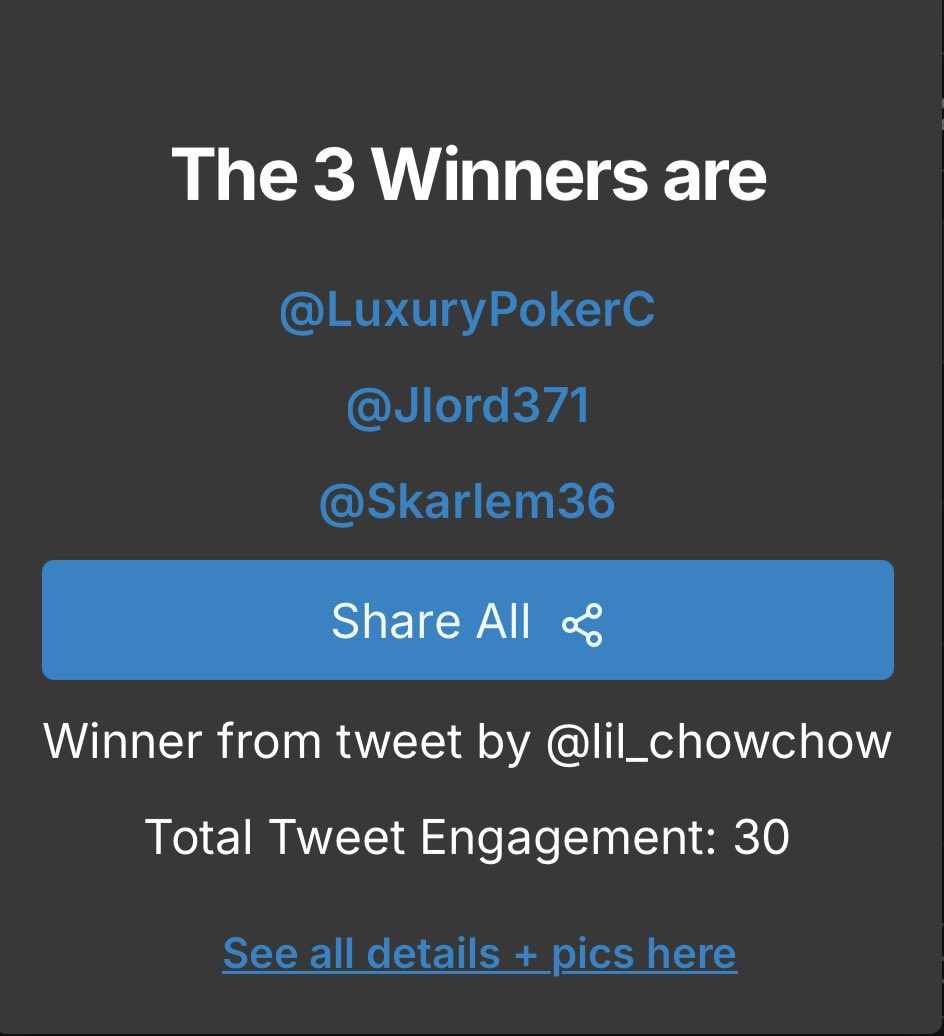 ChowChow (@lil_chowchow) on Twitter photo GGs
<a href="/LuxuryPokerC/">🅺🅺|Luxury Poker Club</a>
<a href="/Jlord371/">Jlord</a>
<a href="/Skarlem36/">Name cannot be blank</a>
CONGRATULATIONS FOR WINNING THE REPOST GIVEAWAY!
MAKE SURE YOU JOIN @ZenGL0BAL DISCORD DM ME YOUR USERNAMES AND MAKE YOUR TICKET TO CLAIM YOUR PRIZE 🙏 GGs
<a href="/LuxuryPokerC/">🅺🅺|Luxury Poker Club</a>
<a href="/Jlord371/">Jlord</a>
<a href="/Skarlem36/">Name cannot be blank</a>
CONGRATULATIONS FOR WINNING THE REPOST GIVEAWAY!
MAKE SURE YOU JOIN @ZenGL0BAL DISCORD DM ME YOUR USERNAMES AND MAKE YOUR TICKET TO CLAIM YOUR PRIZE 🙏