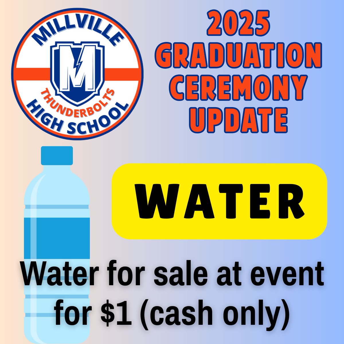 📣 Update: The MHS 2025 Graduation on June 23rd will now begin at 7:00 PM to avoid peak heat and ensure comfort. 🎥 A live stream is available for those unable to attend. 💧 Guests can bring sealed water bottles, and water will be sold for $1. More info: mhs.millville.org/apps/news/arti…