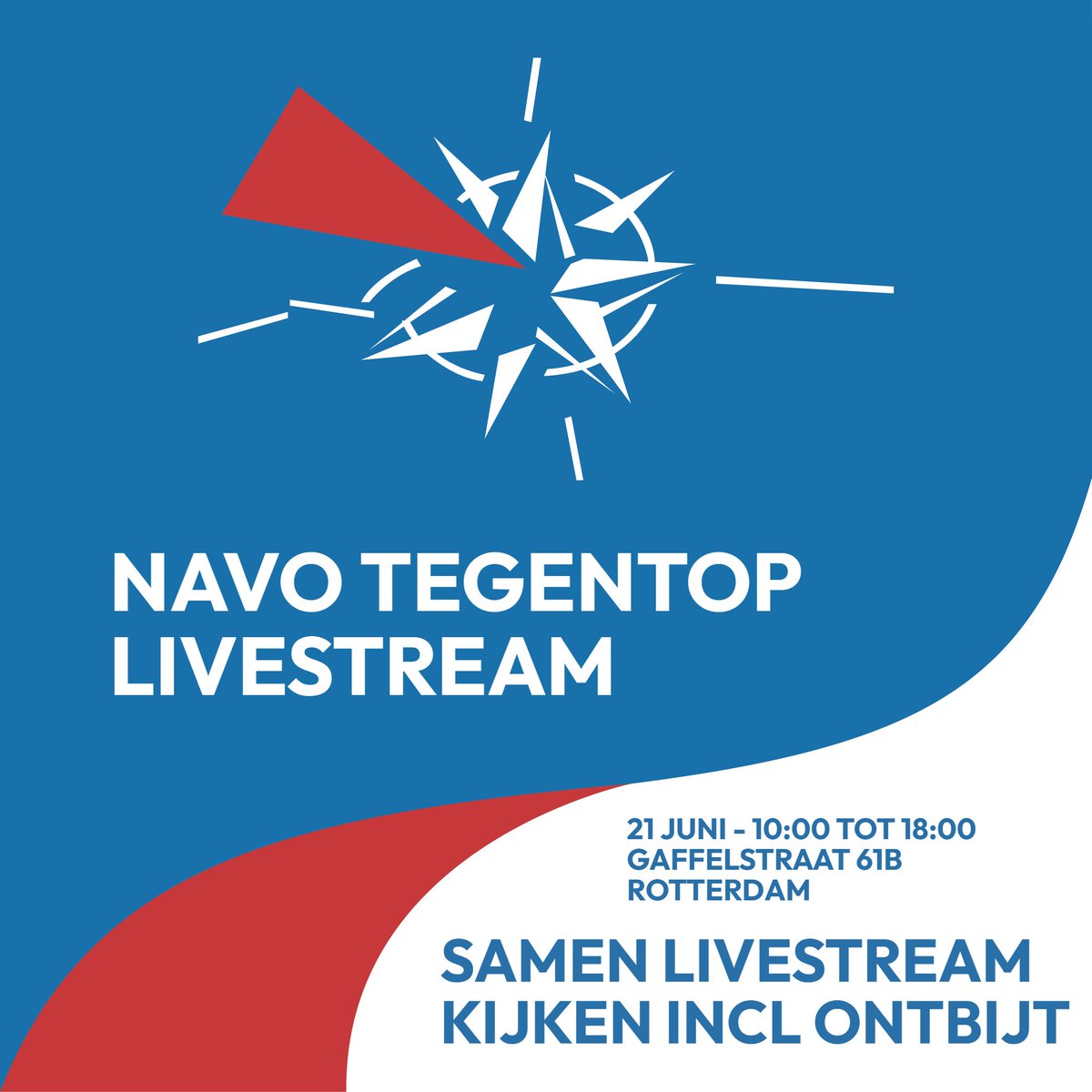 🔝Morgen om 10:00 begint de NAVO tegentop in Den Haag

Je bent welkom om samen met ons te komen kijken📺
Vroeg? Geen probleem! Wij regelen ontbijt. Jij hoeft alleen uit bed te rollen en erbij te zijn🥐