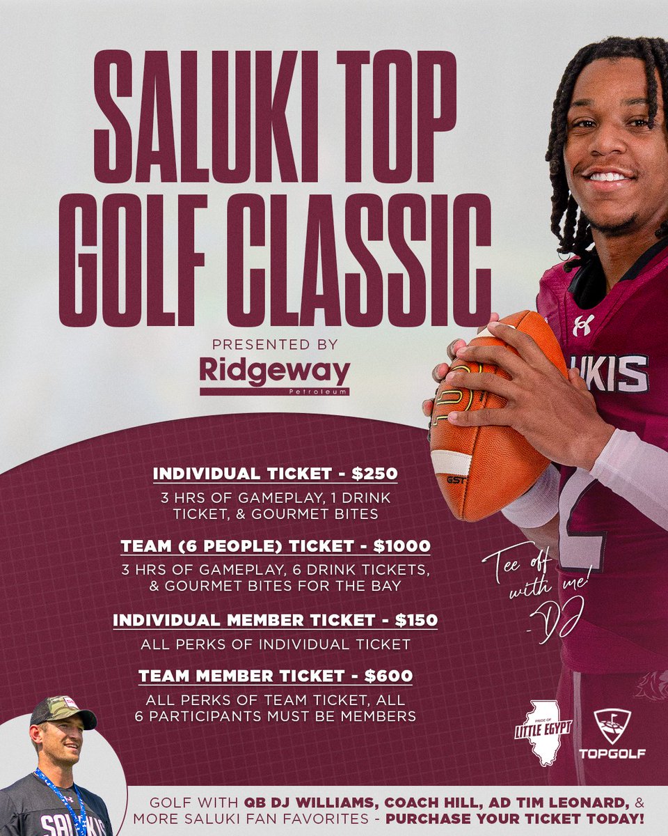 We’re so excited to announce the first-ever #Saluki TopGolf Classic on July 25 in Naperville!

⛳Tickets are on sale NOW — event.gives/salukiclassic
🎟️Pride of Little Egypt members get a sweet discount, so don’t wait to sign up and save.