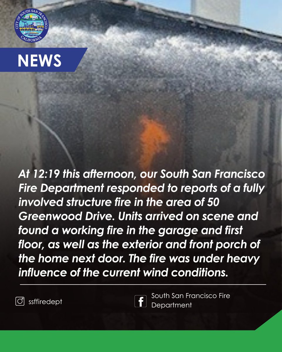 South San Francisco (@cityofssf) on Twitter photo ๐ At 12:19 PM, <a href="/SSFFire/">SSF Fire Department</a> responded to a 2-alarm structure fire on Greenwood Dr. Crews contained damage to one home, but another suffered major fire damage and is uninhabitable. High winds remain a concern. Red Cross is assisting residents. No injuries reported. ๐ At 12:19 PM, <a href="/SSFFire/">SSF Fire Department</a> responded to a 2-alarm structure fire on Greenwood Dr. Crews contained damage to one home, but another suffered major fire damage and is uninhabitable. High winds remain a concern. Red Cross is assisting residents. No injuries reported.