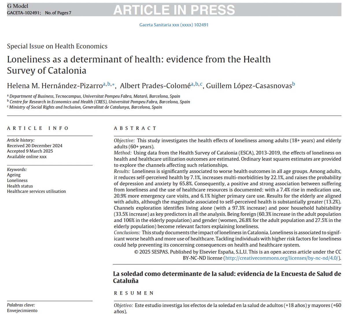 Loneliness as a determinant of health: evidence from the Health Survey of Catalonia.
La soledad como determinante de la salud: evidencia de la Encuesta de Salud de Cataluña

Ya accesible en Gaceta Sanitaria: doi.org/10.1016/j.gace…