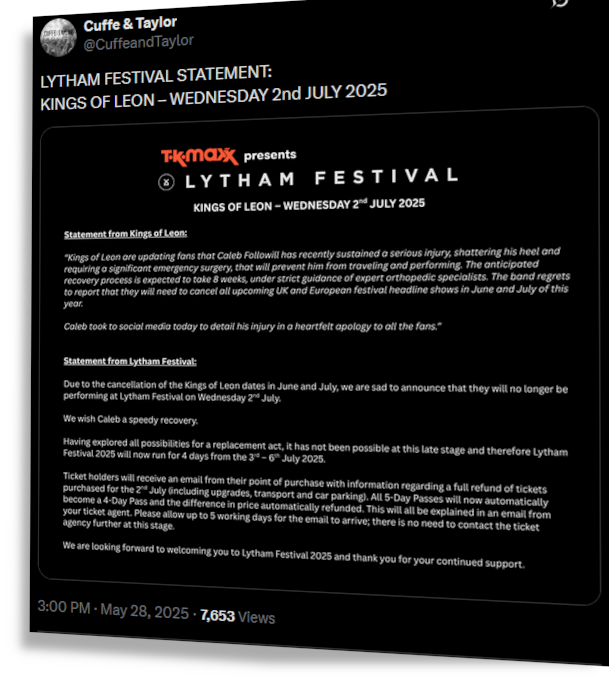 Local 'trusted news' source, Blackpool Gazette, advertises Kings of Leon date at Lytham Festival one month after it was cancelled. #KingsofLeon #LythamFestival