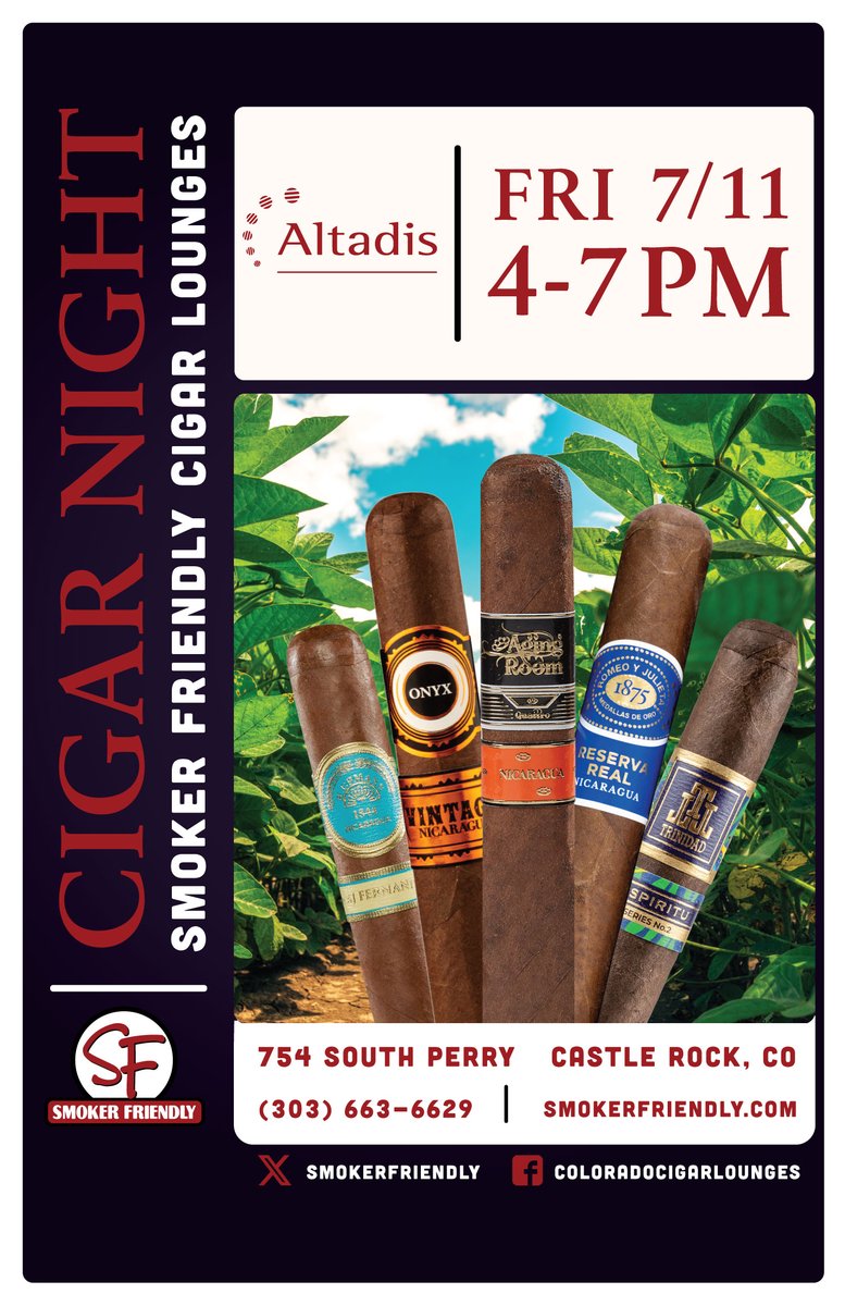 Don’t miss the Altadis USA Cigar Event at Smoker Friendly Castle Rock on Friday, July 11 from 4–7PM! Enjoy samplers from Romeo y Julieta, Montecristo &amp; more. Gifts &amp; raffle entries with every purchase!