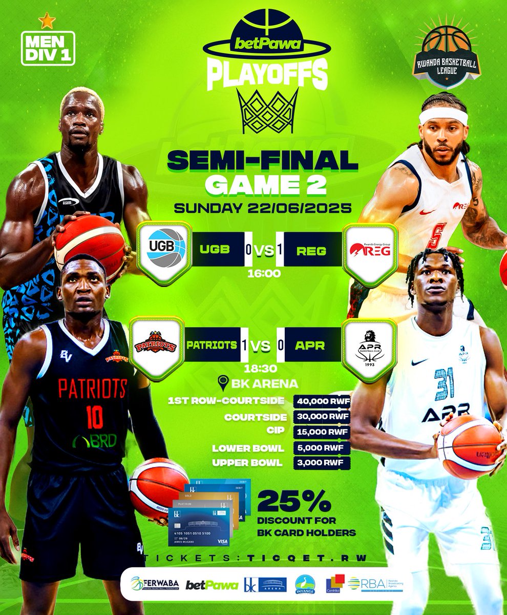 The saga continues this Sunday 🏀🔥
Game 2 = intensity, rivalry, and showtime energy.

Grab your ticket NOW at TICQET.RW

#RBL25 #BetPawaPlayoff