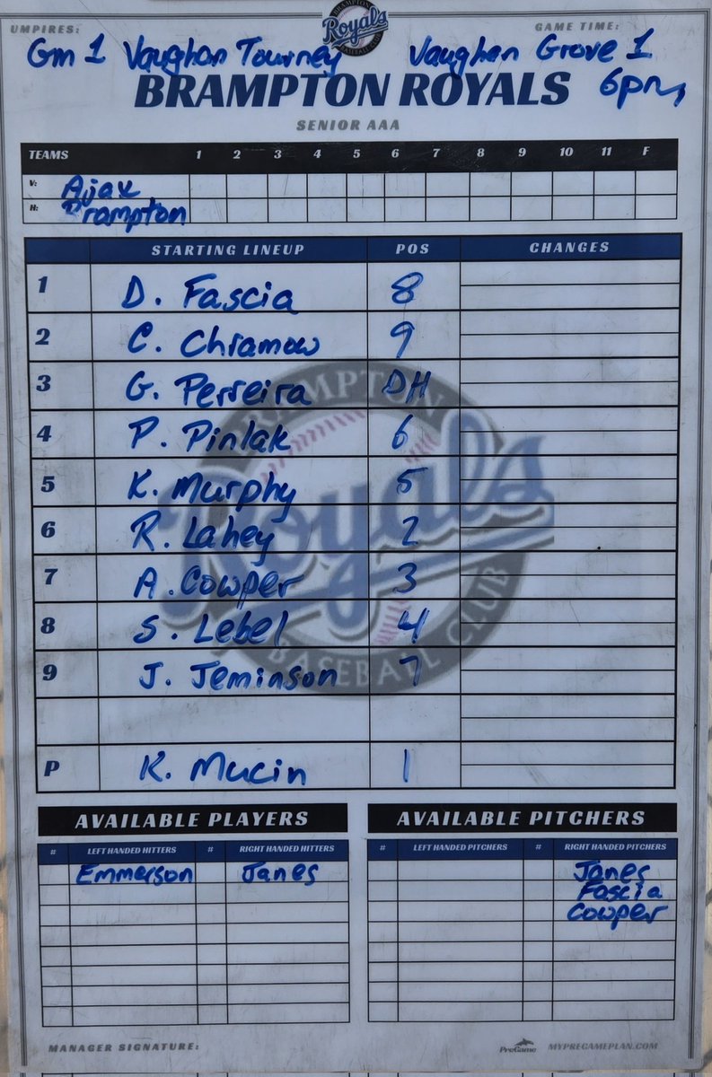 Coach Frank Fascia (@ballmechanic) on Twitter photo Gm 1 of Vaughn tourney vs <a href="/AjaxSpartans/">Ajax Spartans</a> starting lineup for your <a href="/SrBramRoyals/">SrBrampton_Royals</a>
<a href="/CABCBaseball/">Canadian Amateur Baseball Central</a> <a href="/COBABaseball/">COBA Major Baseball</a> Gm 1 of Vaughn tourney vs <a href="/AjaxSpartans/">Ajax Spartans</a> starting lineup for your <a href="/SrBramRoyals/">SrBrampton_Royals</a>
<a href="/CABCBaseball/">Canadian Amateur Baseball Central</a> <a href="/COBABaseball/">COBA Major Baseball</a>