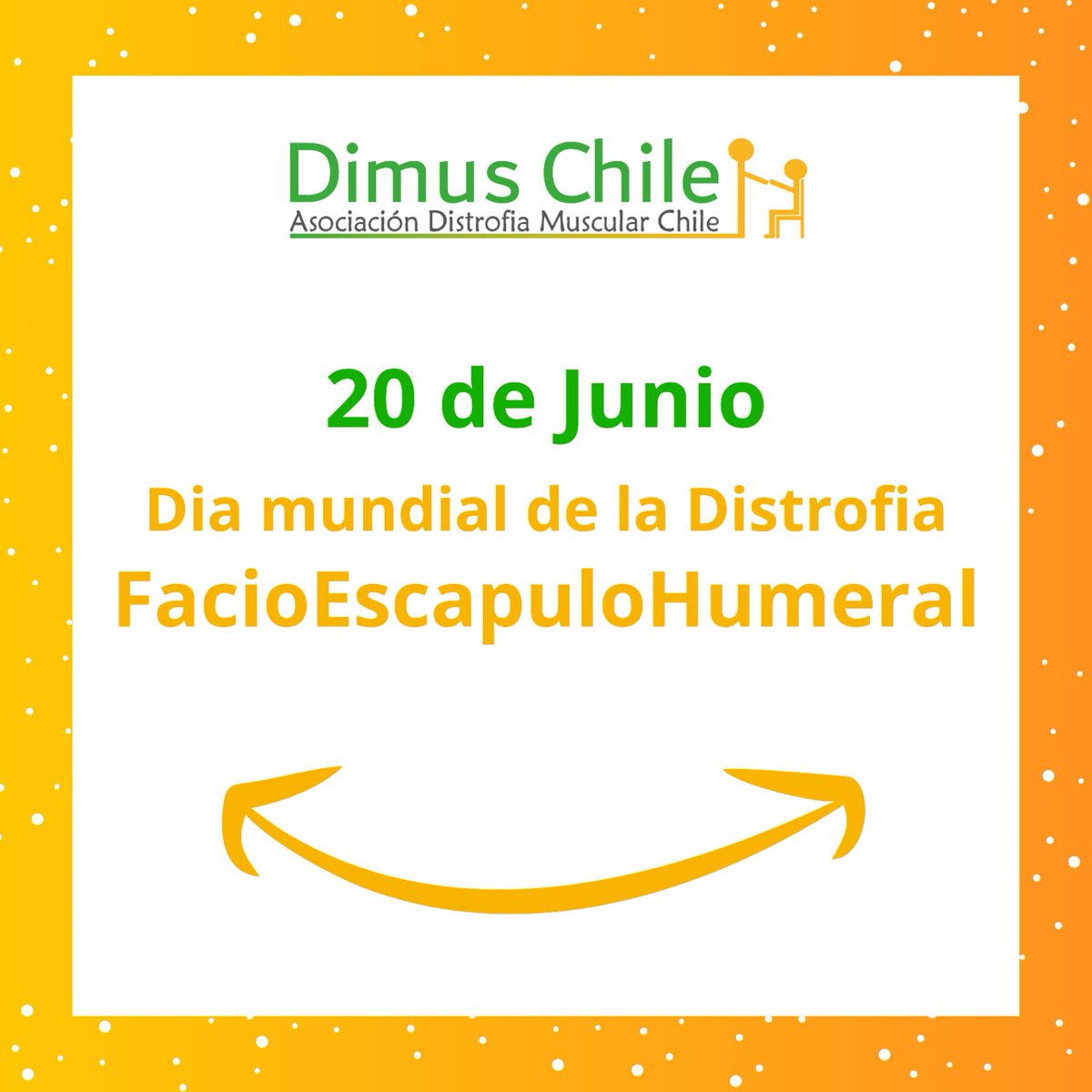 ¡Hoy, 20 de junio, conmemoramos el Día Mundial de la Distrofia Muscular Facioescapulohumeral (FSHD)! 💪

¡Ayúdanos a crear conciencia sobre la FSHD! 🧡

#DiaMundialFSHD #FSHD #DistrofiaMuscular #FSHDAwareness #DimusChile