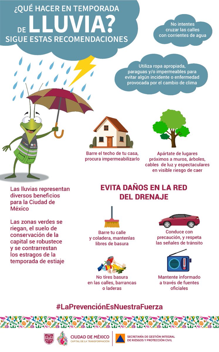 En esta temporada de lluvias, atiende nuestras recomendaciones:
🟢No tires basura en la vía pública
🟢No viertas grasas al drenaje
🟢Si vives en zona de cauces o barrancas ubica el camino a las zonas de menor riesgo
Recuerda que #LaPrevenciónEsNuestraFuerza