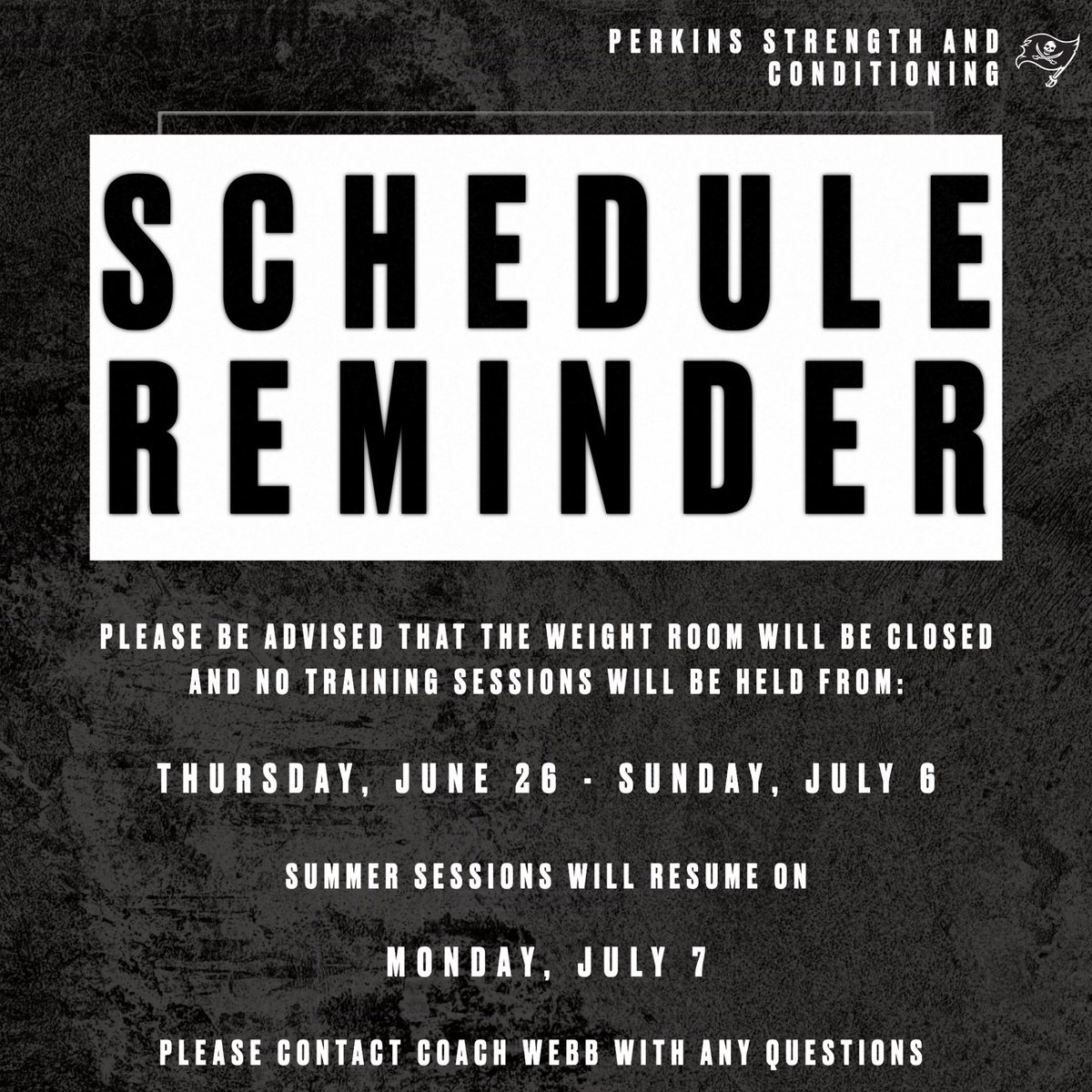 perkinsstrength's tweet image. Schedule Reminder:
Please be advised there will be no training sessions and the weight room will remain closed beginning
Thursday, June 26 - Sunday, July 6.
We will still have training sessions, Monday - Wednesday this week (June 23 - June 25) as scheduled.