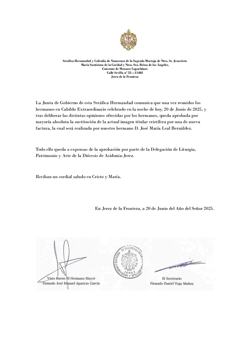 MortajaJerez's tweet photo. #Comunicado | Se adjunta Comunicado Oficial sobre el Cabildo Extraordinario celebrado en la jornada de hoy.

Reciban un cordial saludo en Cristo y María.

#SagradaMortaja
#Caridad
#ReinadelosÁngeles https://t.co/xb3FNO2PVk