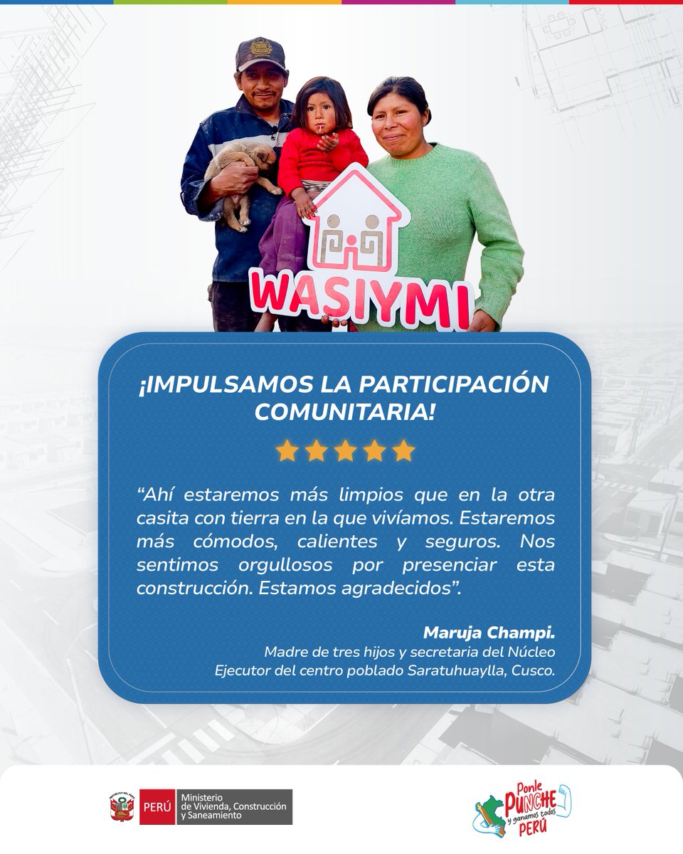 ✨¡Testimonios que inspiran!
📌 Desde Cusco, los protagonistas de la estrategia del Gobierno, brindaron sus testimonios y abrieron sus corazones para conocer la esperanza que albergan cada día por ver culminadas sus nuevas viviendas rurales ‘Wasiymi’.

📰 Lee la #NotaDePrensa: