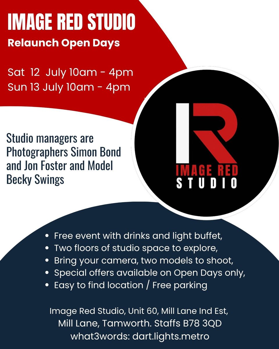 Announcing the Image Red Studio Relaunch Open Days. Come and meet the team, take a tour of the facilities and find our about our Special Offers for regulars hirers. If you are a photographer bring your camera, we will have two models to shoot on the day.