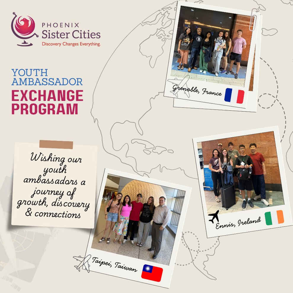 Earlier this month, we waved goodbye to six Youth Ambassadors, who will be living with host families in sister cities Ennis, Grenoble and Taipei . They’ll be back in July to welcome their international counterparts for a month in Phoenix. Learn more at phoenixsistercities.org/youth-ambassad…