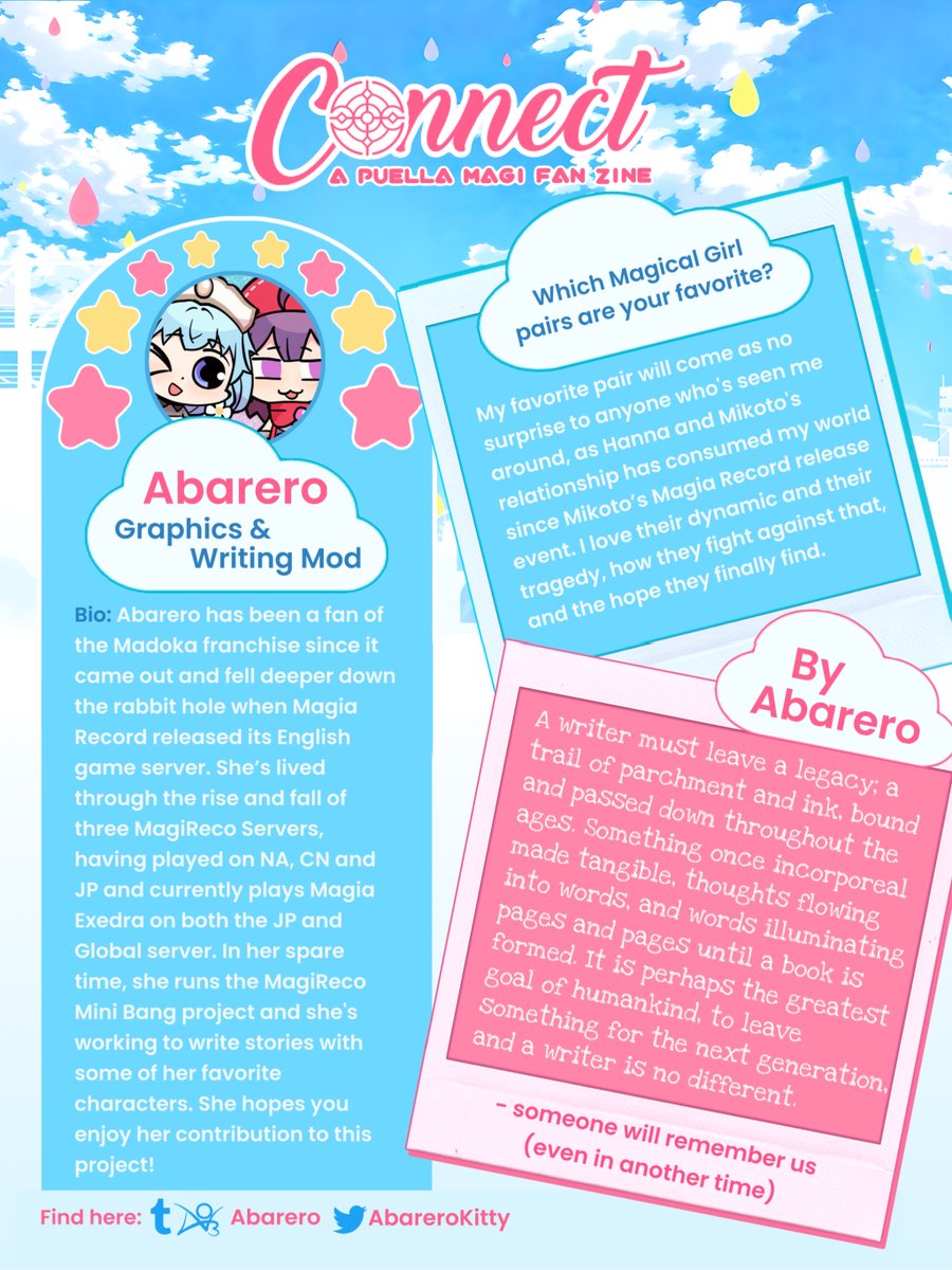 ☁︎MOD SPOTLIGHTS☁︎

Next up is one of our writing mods and graphics mod, the one and only Abarero! The host of the Magia Record Mini-Bangs, her experience and passion will surely be felt in Connect!

#MadokaMagica #madoka_exedra #マギレコ #まどドラ生放送 #魔法少女まどかマギカ