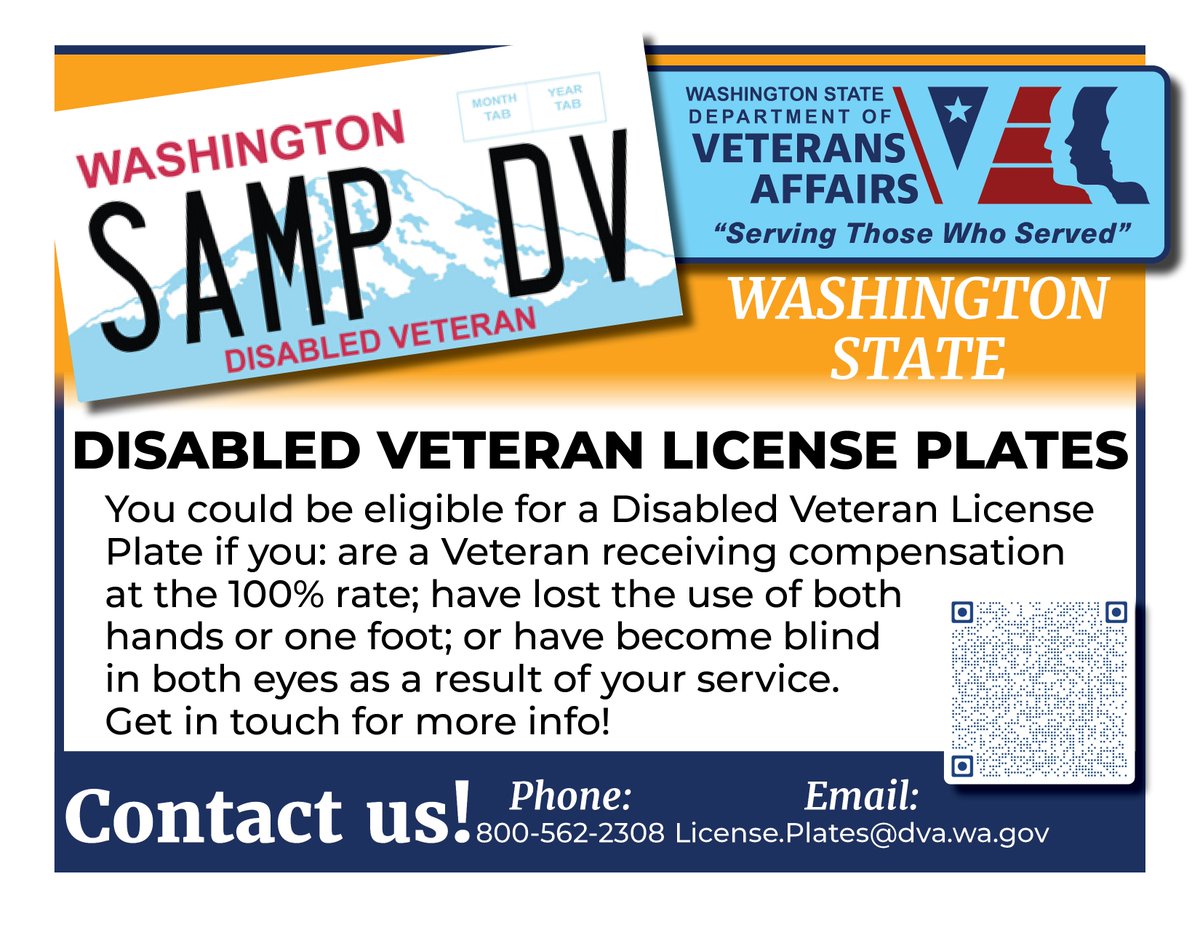You could be eligible for a Disabled Veteran License Plate if you: are a Veteran receiving compensation at the 100% rate; have lost the use of both hands or one foot; or have become blind in both eyes as a result of your service. 

For more info! dva.wa.gov/veterans-their…