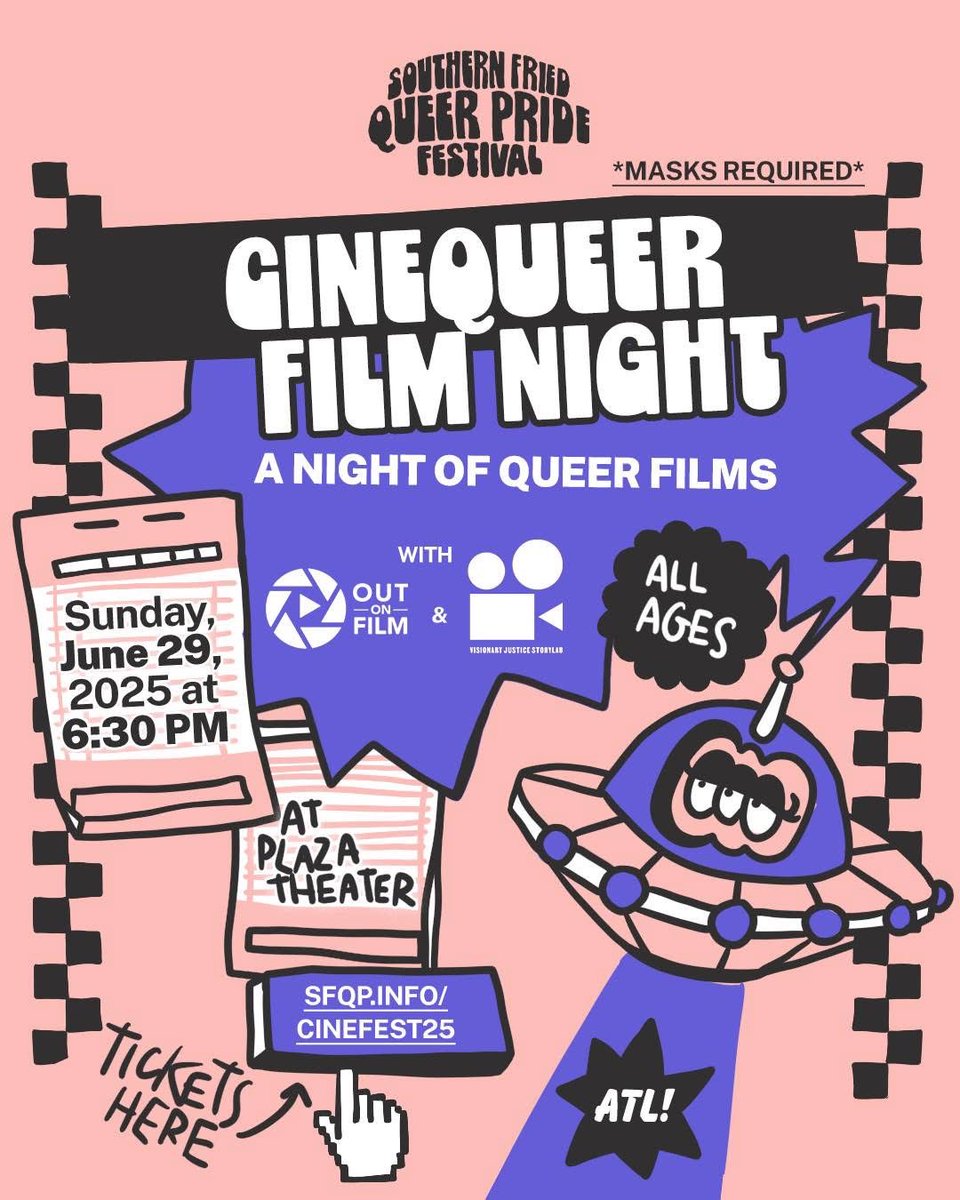 🎬 Shhh... the movie’s starting! Join us for Cinequeer Film Night! 
🗓️ June 29, 📍 Plaza Theatre. 🎟️ TICKETS: sfqp.info/cinefest25 

#Cinequeer #SFQP2025 #OutOnFilm #VisionaryJusticeStoryLab #QueerCinema #SouthernStories #LGBTQFilm