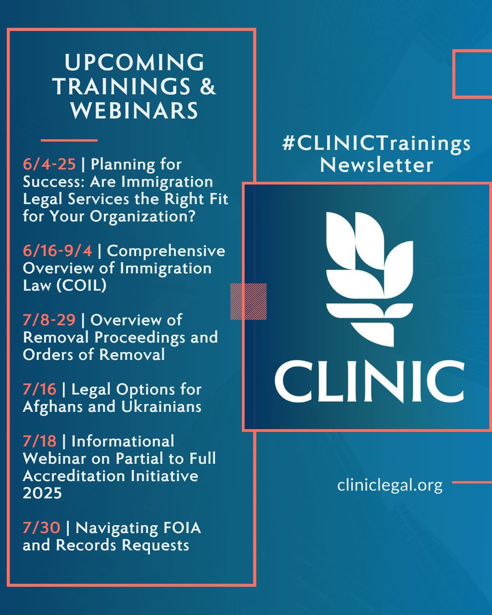Check out the latest training offerings from CLINIC! #CLINICTrainings

Click here to learn more and register: mailchi.mp/cliniclegal/tr…