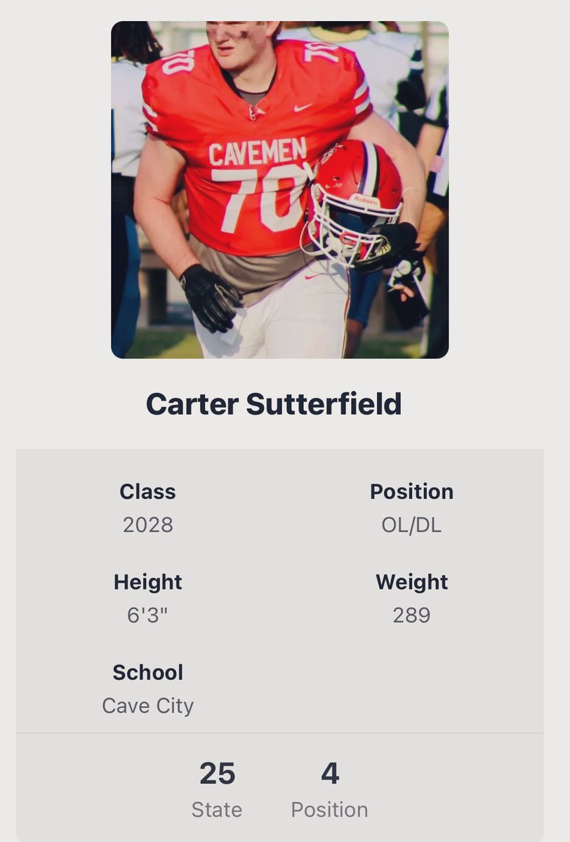 Carter Sutterfield (@cartersutt14741) on Twitter photo Honored to be ranked by <a href="/PrepRedzoneAR/">Prep Redzone Arkansas</a>. #25 overall #4 offensive linemen. One goal and whatever it takes to get there! #AGTG <a href="/coltonedwardsFB/">Colton Edwards</a> <a href="/CoachNickGrimes/">Nick Grimes</a> <a href="/CoachButchJones/">Butch Jones</a> <a href="/CoachWarehime/">𝐉𝐀𝐊𝐄 𝐖𝐀𝐑𝐄𝐇𝐈𝐌𝐄</a> <a href="/CoachMateos/">Eric Mateos 🐗</a> <a href="/Coach_Hols/">Greg Holsworth</a> <a href="/Cavecityfb/">Cave City Caveman Football</a> <a href="/LyonHBC/">Chris Douglas 🏈</a> <a href="/RoyThompsonFB/">CoachThompson</a> <a href="/CoachLawhorn/">Will Lawhorn</a> Honored to be ranked by <a href="/PrepRedzoneAR/">Prep Redzone Arkansas</a>. #25 overall #4 offensive linemen. One goal and whatever it takes to get there! #AGTG <a href="/coltonedwardsFB/">Colton Edwards</a> <a href="/CoachNickGrimes/">Nick Grimes</a> <a href="/CoachButchJones/">Butch Jones</a> <a href="/CoachWarehime/">𝐉𝐀𝐊𝐄 𝐖𝐀𝐑𝐄𝐇𝐈𝐌𝐄</a> <a href="/CoachMateos/">Eric Mateos 🐗</a> <a href="/Coach_Hols/">Greg Holsworth</a> <a href="/Cavecityfb/">Cave City Caveman Football</a> <a href="/LyonHBC/">Chris Douglas 🏈</a> <a href="/RoyThompsonFB/">CoachThompson</a> <a href="/CoachLawhorn/">Will Lawhorn</a>