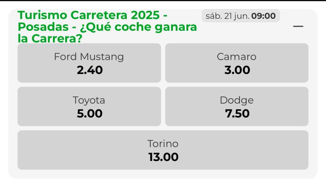 Las cuotas mas interesantes del automovilismo argentino tambien están en <a href="/bplay_ar/">bplay</a>  
Regístrate con este link solo para mayores de 18 años en una casa legal y segura bplay.bet.ar/influencers/ju…