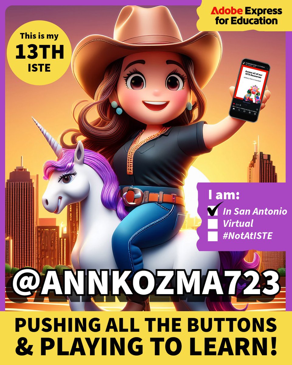 Ann Kozma (@annkozma723) on Twitter photo I am SO EXCITED for #ISTELive25 -- and sharing all things <a href="/AdobeExpress/">Adobe Express</a> & <a href="/AdobeForEdu/">Adobe For Education</a> ❤️
Remix this template to join the fun and let me know if I'll be seeing you in San Antonio! adobe.ly/ISTE25Remix
Lucky 13... yeehaw friends! Can't wait to see y'all! I am SO EXCITED for #ISTELive25 -- and sharing all things <a href="/AdobeExpress/">Adobe Express</a> & <a href="/AdobeForEdu/">Adobe For Education</a> ❤️
Remix this template to join the fun and let me know if I'll be seeing you in San Antonio! adobe.ly/ISTE25Remix
Lucky 13... yeehaw friends! Can't wait to see y'all!