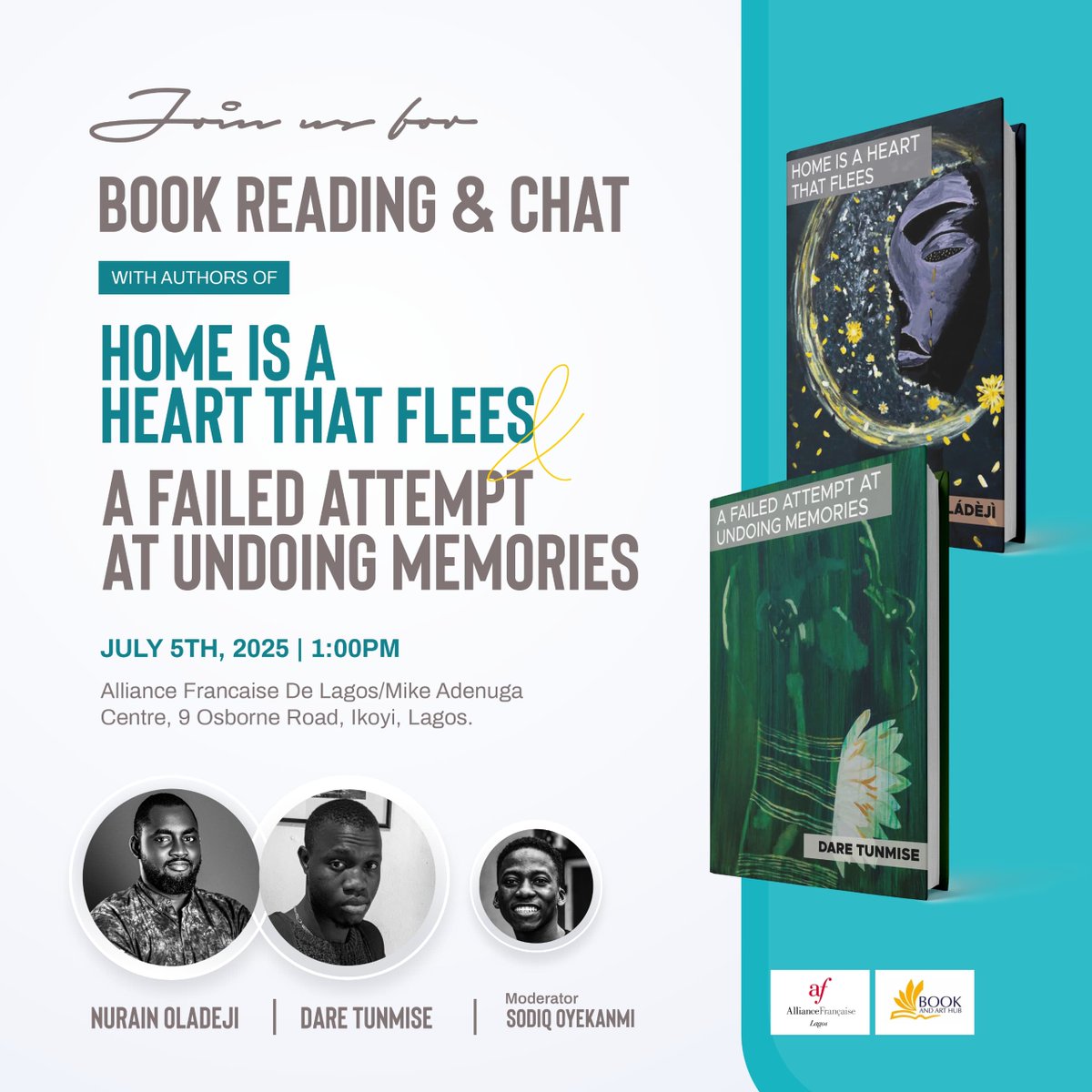 Nurain Ọládèjì (@oladeji_nurain) on Twitter photo Two weeks from today, <a href="/Dare_Tunmise/">tunmise</a> and I will read from our <a href="/AfricanPoetryBF/">African Poetry Book Fund</a>-published poetry chapbooks, with <a href="/sodiqoyekan/">Sodïq Oyèkànmí 🍁🖤</a> moderating the reading & chat at the <a href="/AF_Lagos/">Alliance Française de Lagos</a>.
We've updated the flier to highlight our generous supporters: <a href="/AF_Lagos/">Alliance Française de Lagos</a> & the Book and Art Hub. Two weeks from today, <a href="/Dare_Tunmise/">tunmise</a> and I will read from our <a href="/AfricanPoetryBF/">African Poetry Book Fund</a>-published poetry chapbooks, with <a href="/sodiqoyekan/">Sodïq Oyèkànmí 🍁🖤</a> moderating the reading & chat at the <a href="/AF_Lagos/">Alliance Française de Lagos</a>.
We've updated the flier to highlight our generous supporters: <a href="/AF_Lagos/">Alliance Française de Lagos</a> & the Book and Art Hub.