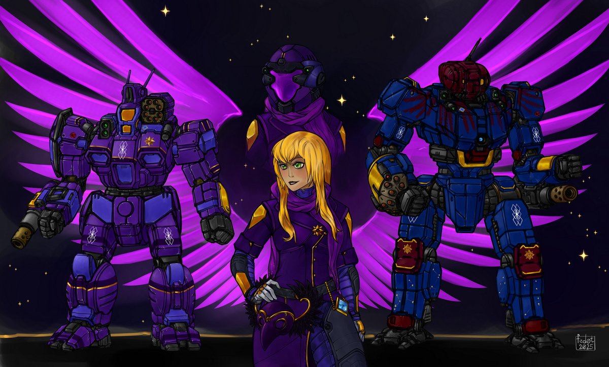 Commission for an extremely patient <a href="/ShortFuseMk1/">ShortestFuse</a> 
Took this one back in November '24, finally finished.
Client's OC, Amelia and her two mechs, Conjurer and Grasshopper with customized weapon loadouts.
#battletech