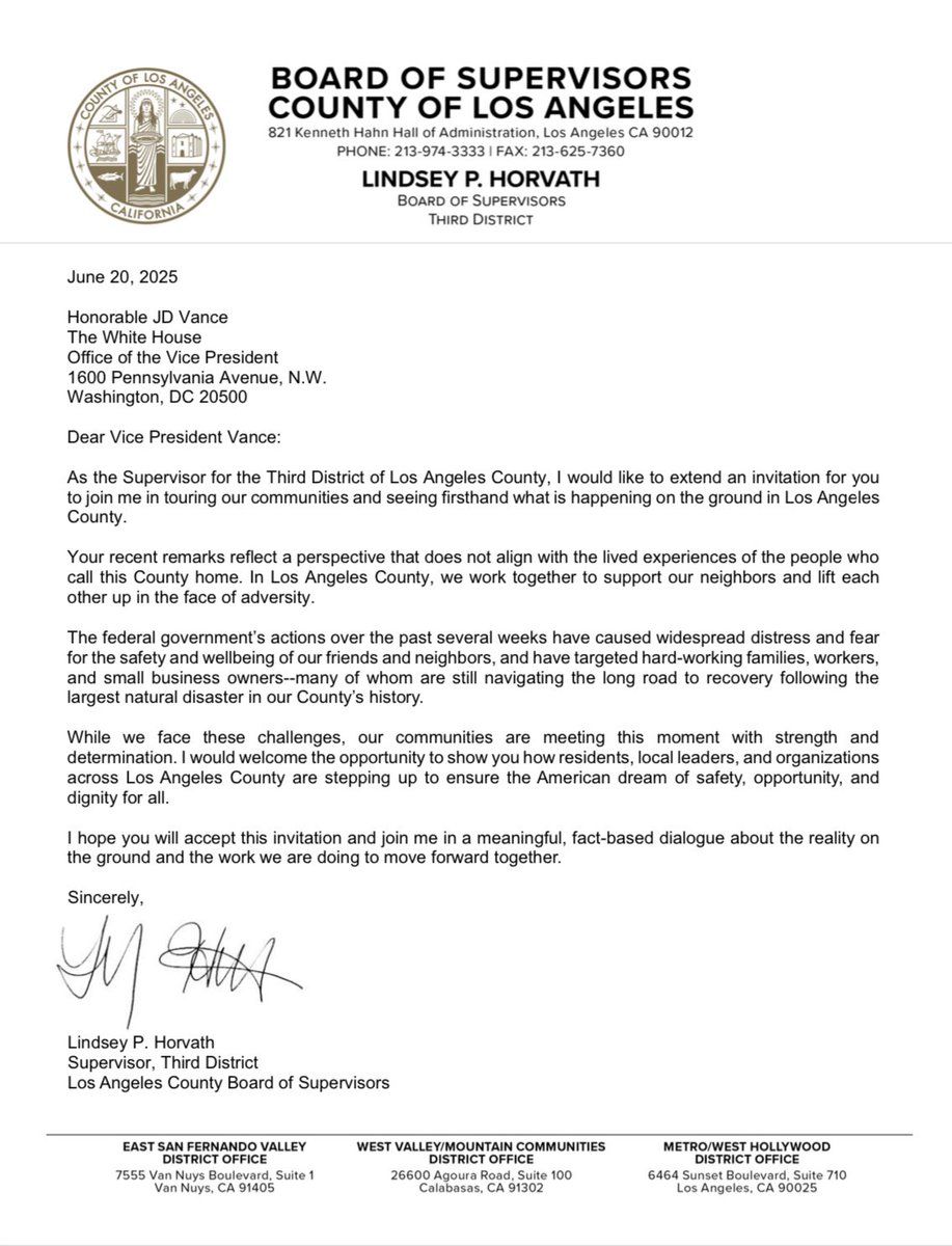 Lindsey P. Horvath (@lindseyphorvath) on Twitter photo .<a href="/VP/">Vice President JD Vance</a>, if you're going to talk about LA, get it right.
I'm inviting you to see what's really happening in our communities. .<a href="/VP/">Vice President JD Vance</a>, if you're going to talk about LA, get it right.
I'm inviting you to see what's really happening in our communities.