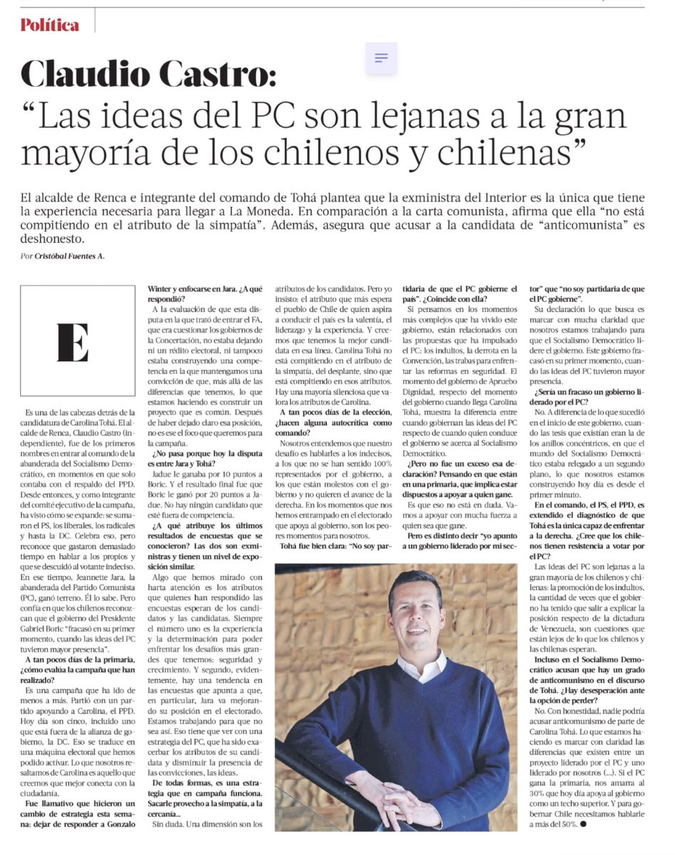 Claudio Castro:
“Las ideas del PC  son lejanas a la gran mayoría de chilenos y chilenas”