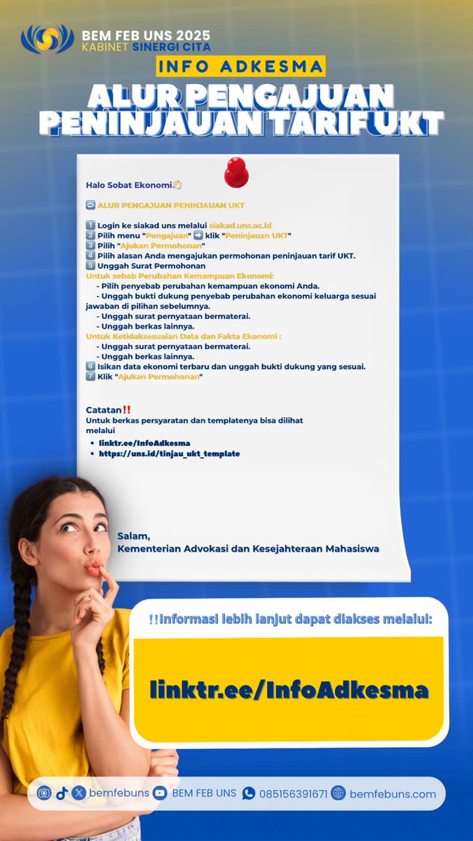 BEMFEBUNS's tweet photo. 🔁 ALUR PENGAJUAN PENINJAUAN UKT
1️⃣‌ Login ke siakad uns melalui https://t.co/2ASr5fLz2k
2️⃣ ‌Pilih menu "Pengajuan" ➡️ klik "Peninjauan UKT"
3️⃣ ‌Pilih "Ajukan Permohonan"
4️⃣ ‌Pilih alasan Anda mengajukan permohonan peninjauan tarif UKT. https://t.co/9ojwW57Q4U