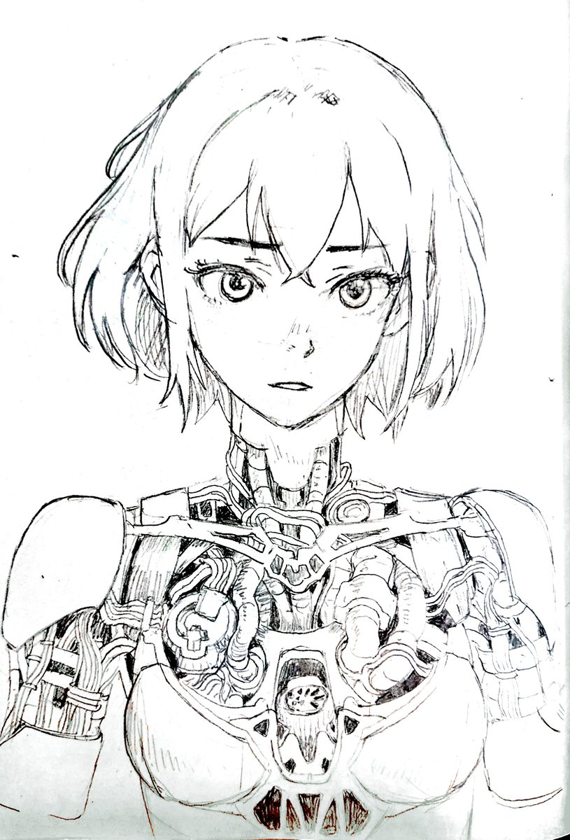 アイデアスケッチ。骨格とか設定してないので、いまいちです。TLのみんなの作品みたいに、構造をきちんと設定して描く方がやっぱりかっこいいですね。まずは骨格からか。#メカ娘 #SciFiArt #cyberpunk