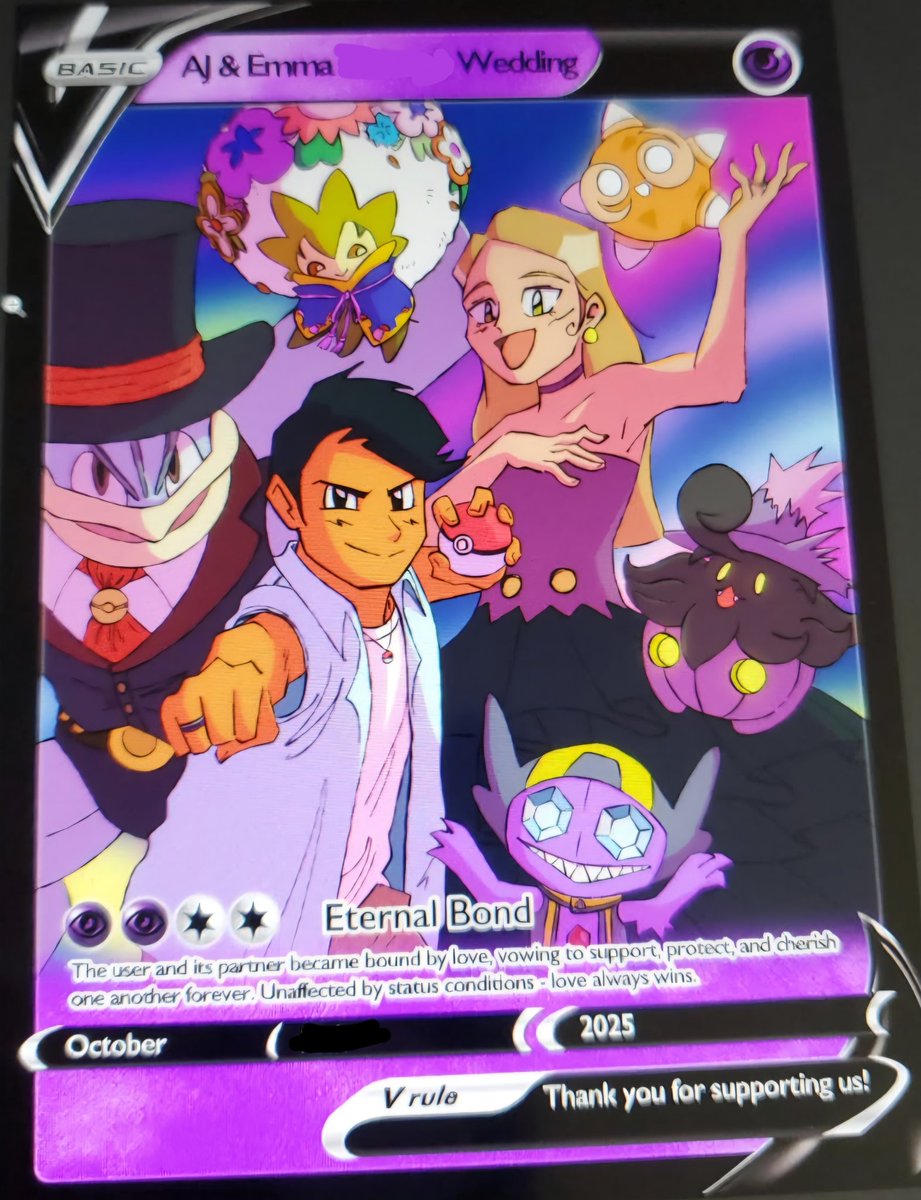 emma_leffler's tweet photo. My sister is making us a custom Pokémon card with our favorites to give out to our guests as a wedding favor! 

Obsessed!! 😍 Had to incorporate our favorite Unite holowear too! (; https://t.co/YuD23HDNWG
