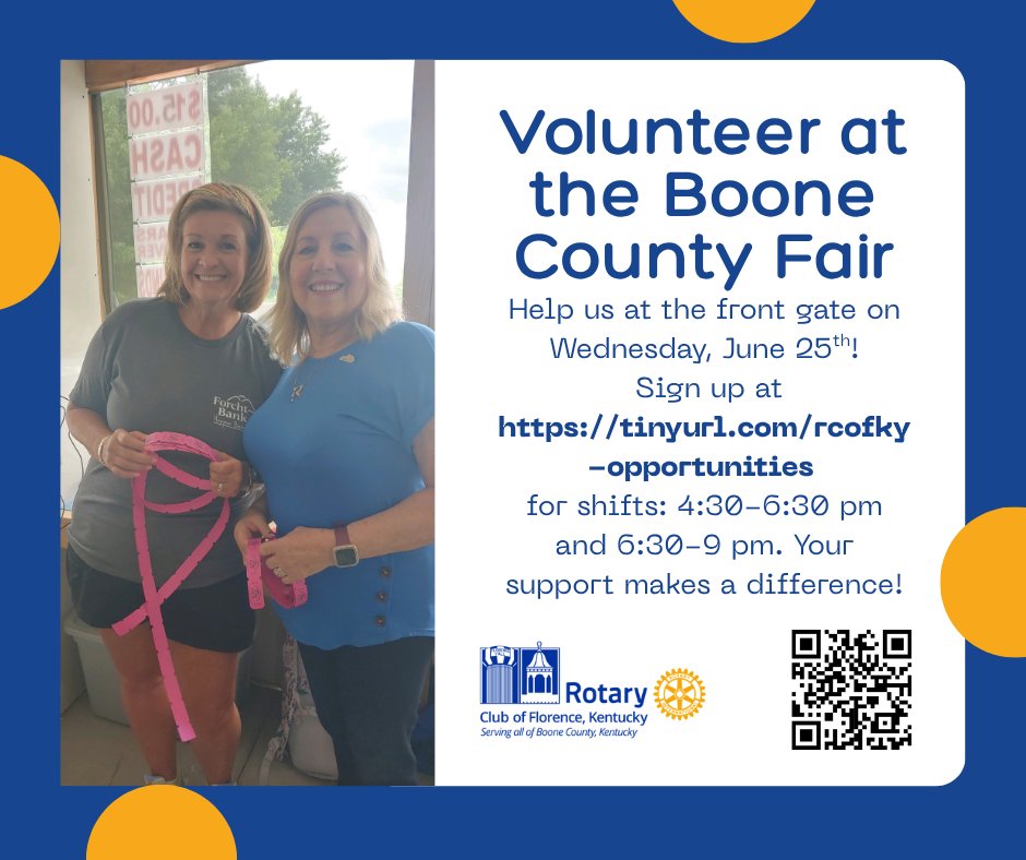 Great community service opportunity as we help at the Boone County Fair! Meet and get to know Rotary members (need not be a Rotary member to volunteer).  Sign-up at:
tinyurl.com/rcofky-opportu…