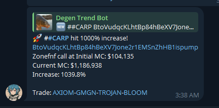 Onchain Alpha ๐บ (@onchaina1pha) on Twitter photo 10X on #Carp
It never misses Strong Narratives
Access Degen Trend Bot in Zone Private (Narrative Trenching Algo)
Brings the alpha to you!
Send a DM to <a href="/OnchainA1pha/">Onchain Alpha ๐บ</a> 10X on #Carp
It never misses Strong Narratives
Access Degen Trend Bot in Zone Private (Narrative Trenching Algo)
Brings the alpha to you!
Send a DM to <a href="/OnchainA1pha/">Onchain Alpha ๐บ</a>