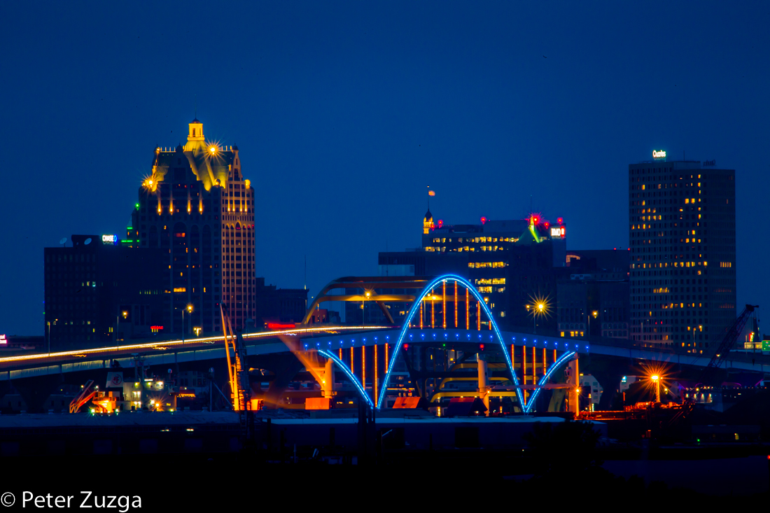 2of2. The newly lit Lake Michigan side of the Hoan Bridge and downtown skyline after sunset today in Milwaukee, Wisconsin. I love the new lights! #Milwaukee #MKE #Skyline #Cityscape #Photography