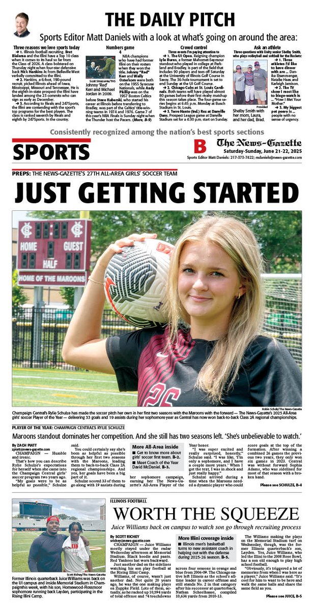 News-Gazette Preps (@ngpreps) on Twitter photo Saturday's N-G sports cover feat. <a href="/zachpiatt13/">Zach Piatt</a> on our All-Area girls' soccer Player of the Year in Rylie Schulze of <a href="/maroonathletics/">Champaign Maroons</a>, plus <a href="/srrichey/">Scott Richey</a> on former #Illini Juice Williams back on campus with his son at Rising Illini Camp & <a href="/mdaniels_NG/">Matt Daniels</a>'s Daily Pitch.
<a href="/APSE_sportmedia/">APSE</a> Saturday's N-G sports cover feat. <a href="/zachpiatt13/">Zach Piatt</a> on our All-Area girls' soccer Player of the Year in Rylie Schulze of <a href="/maroonathletics/">Champaign Maroons</a>, plus <a href="/srrichey/">Scott Richey</a> on former #Illini Juice Williams back on campus with his son at Rising Illini Camp & <a href="/mdaniels_NG/">Matt Daniels</a>'s Daily Pitch.
<a href="/APSE_sportmedia/">APSE</a>