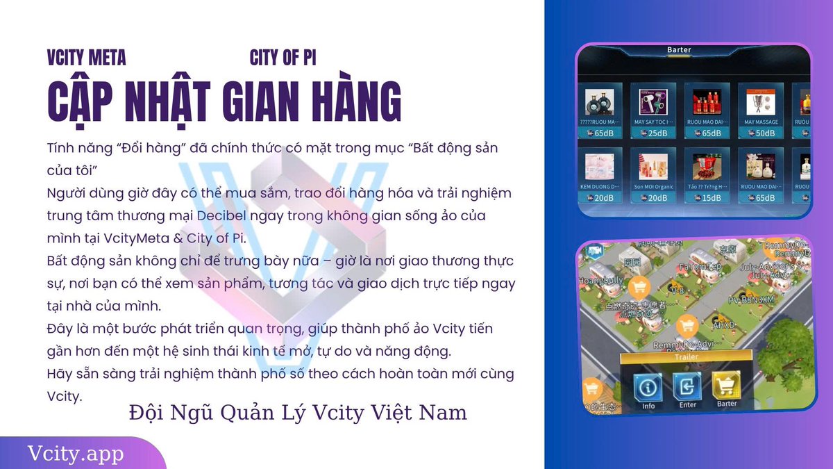 TÍNH NĂNG TRAO ĐỔI HÀNG HÓA CHÍNH THỨC RA MẮT TRÊN VCITYMETA &amp; CITY OF PI!
👉 Hướng tới xây dựng vòng lặp kinh tế khép kín cho Vcity

📅 Thời gian triển khai:
20/06/2025 (UTC)