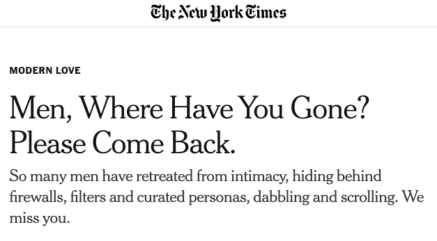 This is ironic.

The New York Times has led the massive mainstream media campaign to disparage and persecute men for the last 40 years, and promote women's supremacy.

Not how they imply that there is something wrong with men (hiding etc.) because men have walked away.