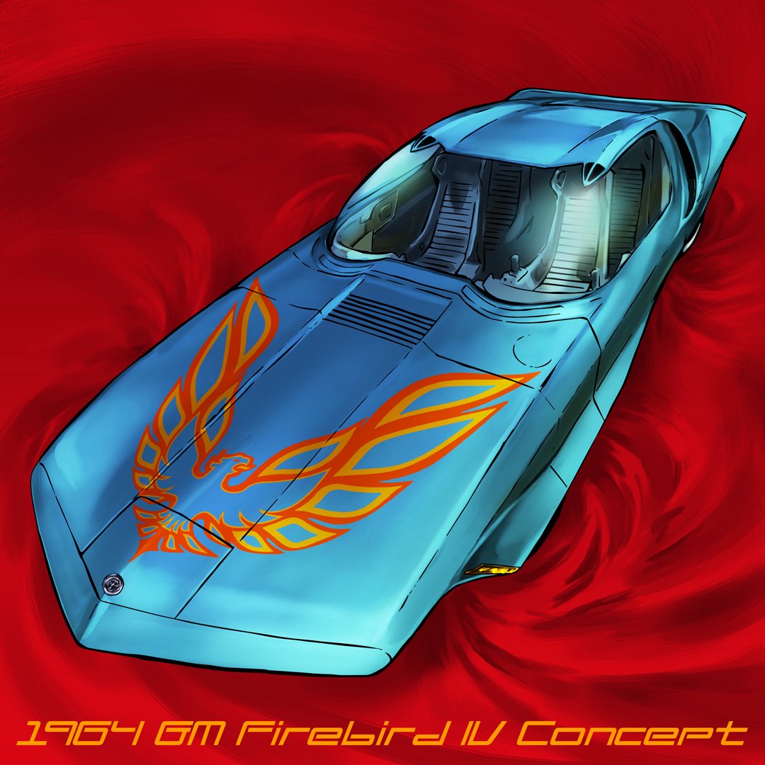 IGUNUK17's tweet image. ファイヤーバードⅣ…1964年のコンセプトカーを描きました。後年のポンティアックとは無関係らしいですが、ボンネットに火の鳥追加してます。#カーイラスト
