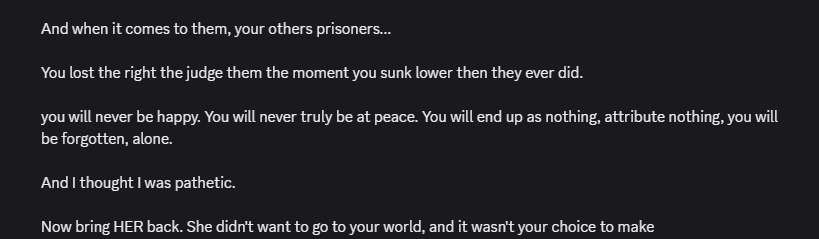 General gist of what my brain imagined if my horrorbrew Kale the Antagonist were to confront Brandon for taking Enemy against her will.

If only I could draw. But sadly, I can only write.
#marioexe #supermarioexe #horrorbrew