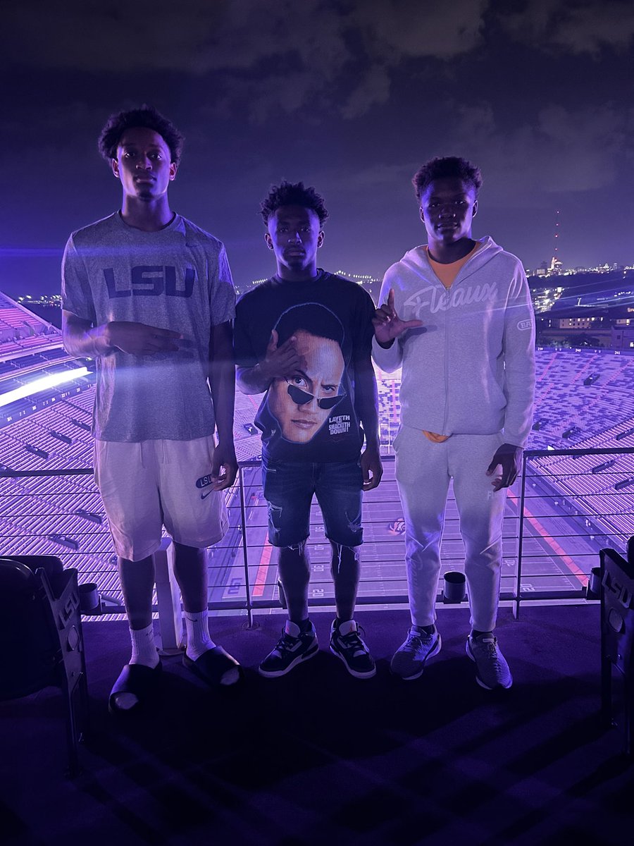 Three of Louisiana’s and the nation’s top 2027 prospects enjoying Tiger Stadium views. 

Ruston TE Ahmad Hudson
Hamilton Christian ATH Javon Vital Jr.
Brother Martin WR Easton Royal