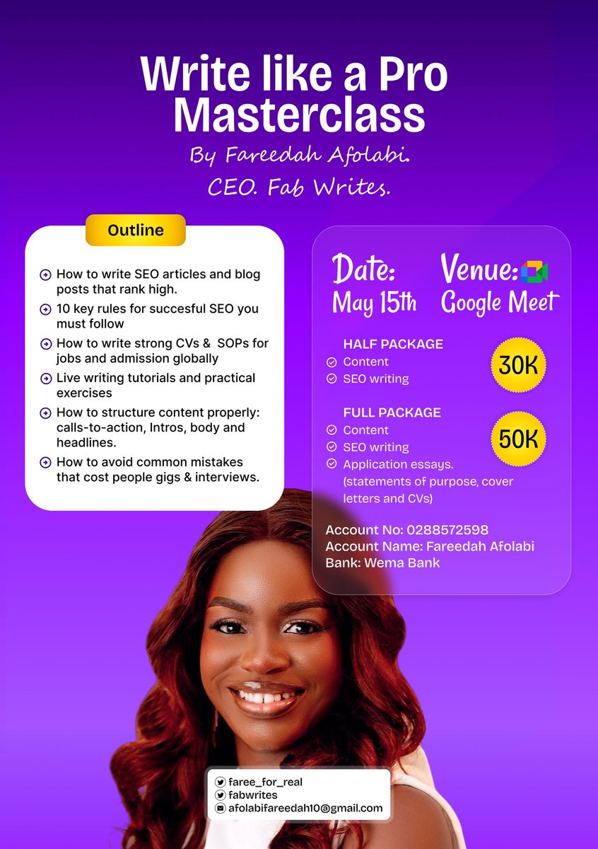 Mimah_eee's tweet image. @faree_for_real Thank youu.

Glad I didn’t miss this opportunity!
The masterclass was so helpful. I learned about writing, SEO, CVs and SOPs… @faree_for_real made it fun and easy to assimilate.
Excited to start putting in the work. Thank you @fabwrites #writelikeapromasterclass