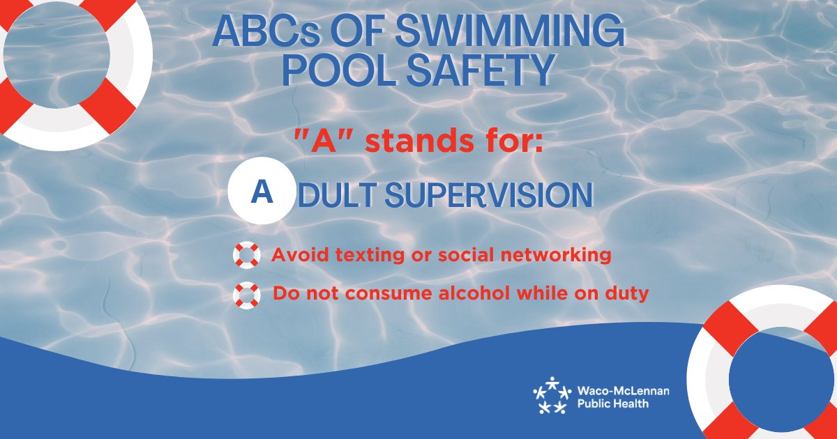 wacohealthdept's tweet image. SWIMMING POOL SAFETY: Did you know that approximately 75% of child drownings occur because of a lapse of adult supervision of less than five minutes? Checking Facebook for 20 seconds can be long enough for a child to drown. Keep a close eye on the kids in your pool! #PoolSafety