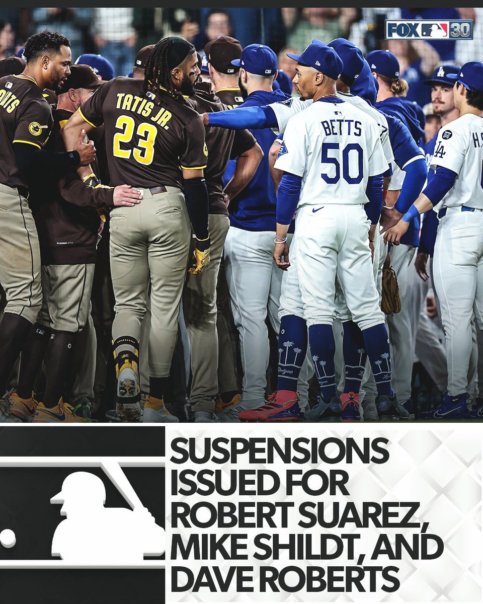 FOX Sports: MLB (@mlbonfox) on Twitter photo Suspensions from last night's Dodgers-Padres scuffle have been announced:
โซ๏ธ SD reliever Robert Suarez suspended and fined for three games, but suspension is being appealed
โซ๏ธ SD manager Mike Shildt and LAD manager Dave Roberts both fined and serving one-game suspensions tonight Suspensions from last night's Dodgers-Padres scuffle have been announced:
โซ๏ธ SD reliever Robert Suarez suspended and fined for three games, but suspension is being appealed
โซ๏ธ SD manager Mike Shildt and LAD manager Dave Roberts both fined and serving one-game suspensions tonight
