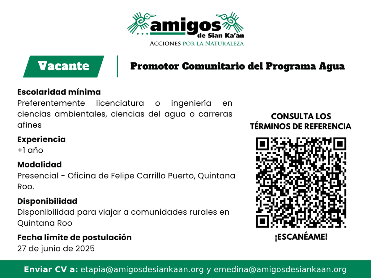 Desde ASK estamos en busqueda de una persona con experiencia en trabajo comunitario y temas ambientales para sumarse al equipo del Programa Agua, que impulsa el «Manejo Adecuado del Agua en el Destino Maya Ka’an, Quintana Roo».

Para más información aquí: bit.ly/45yEE5m