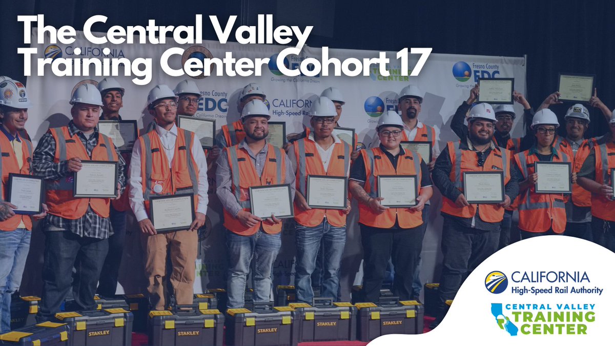 CaHSRA's tweet image. The Authority recognizes 17th cohort to complete the Central Valley Training Center pre-apprenticeship program!
🎓To date, 268 students have graduated from the 10-week program located in the city of Selma!
Learn more here: hsr.ca.gov/2025/06/20/pho…
