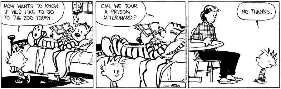 Calvinn_Hobbes's tweet image. Zoos, prisons… same vibe when you’re a kid forced into both. The bars and behavioral issues overlap.
#CalvinandHobbes40 #ReluctantExplorer