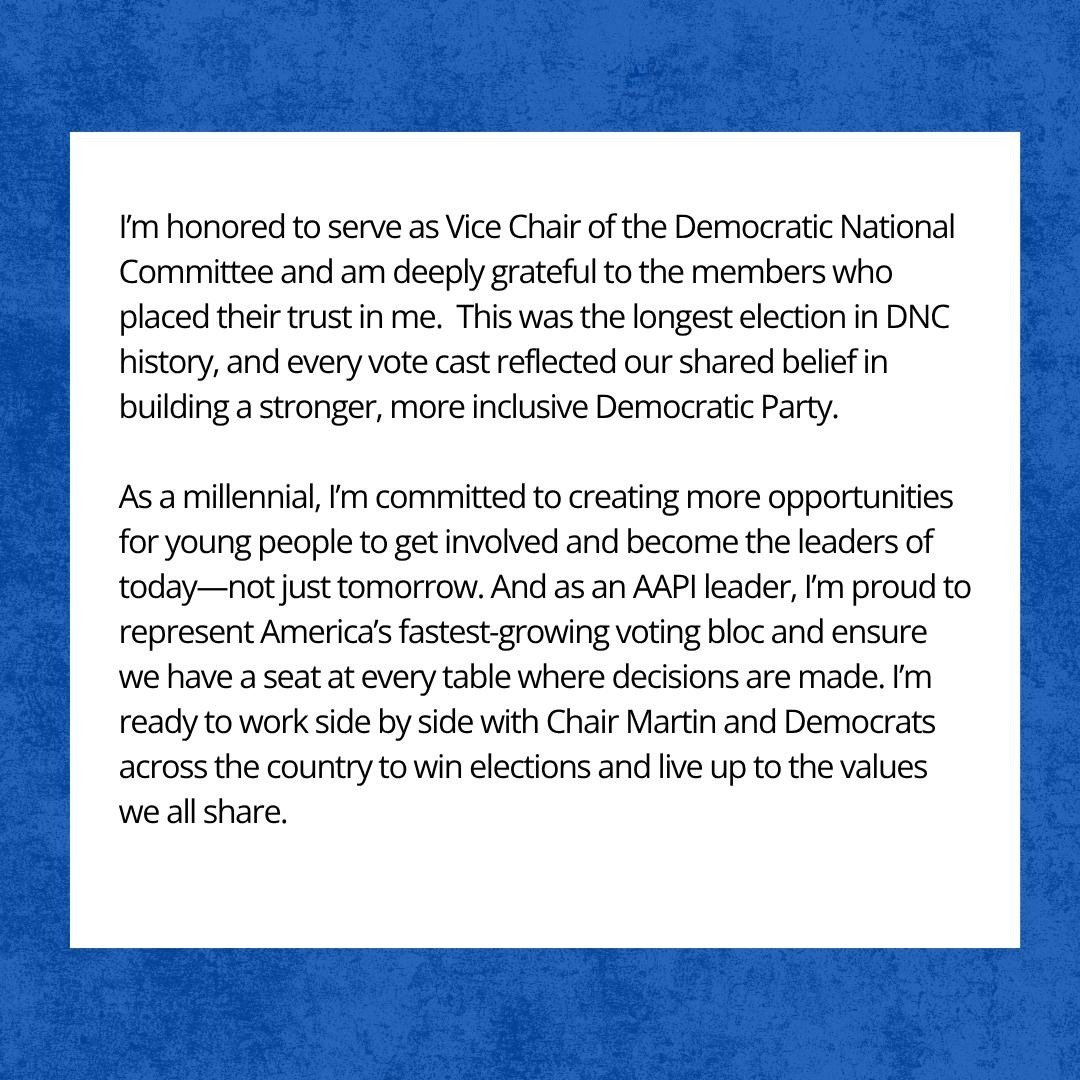 We did it! I’m honored to serve as Vice Chair of the Democratic National Committee and am deeply grateful to the members who placed their trust in me.
