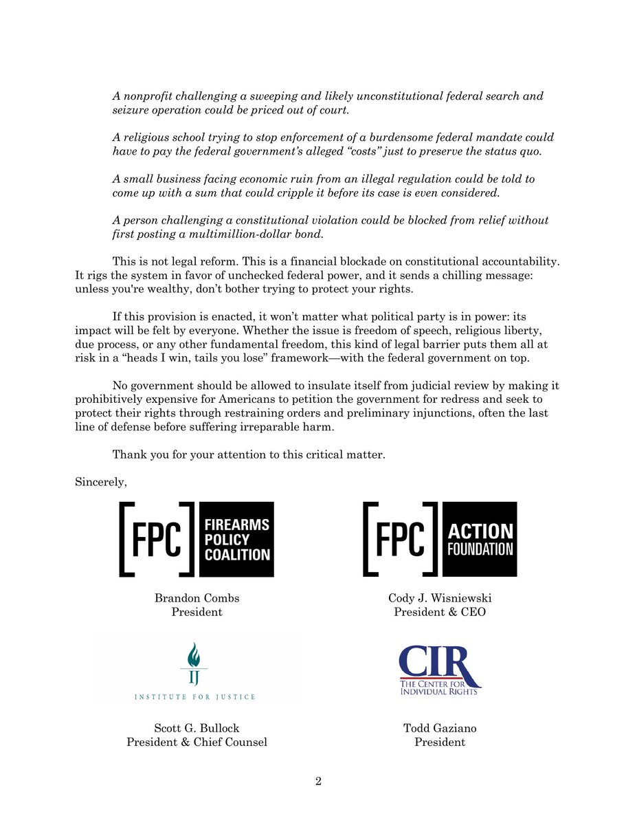 chkbal's tweet image. No American should be priced out of protecting their constitutional rights.
A proposed Senate provision would require plaintiffs challenging unconstitutional federal actions to post upfront bonds covering government "costs and damages" — potentially millions of dollars —…