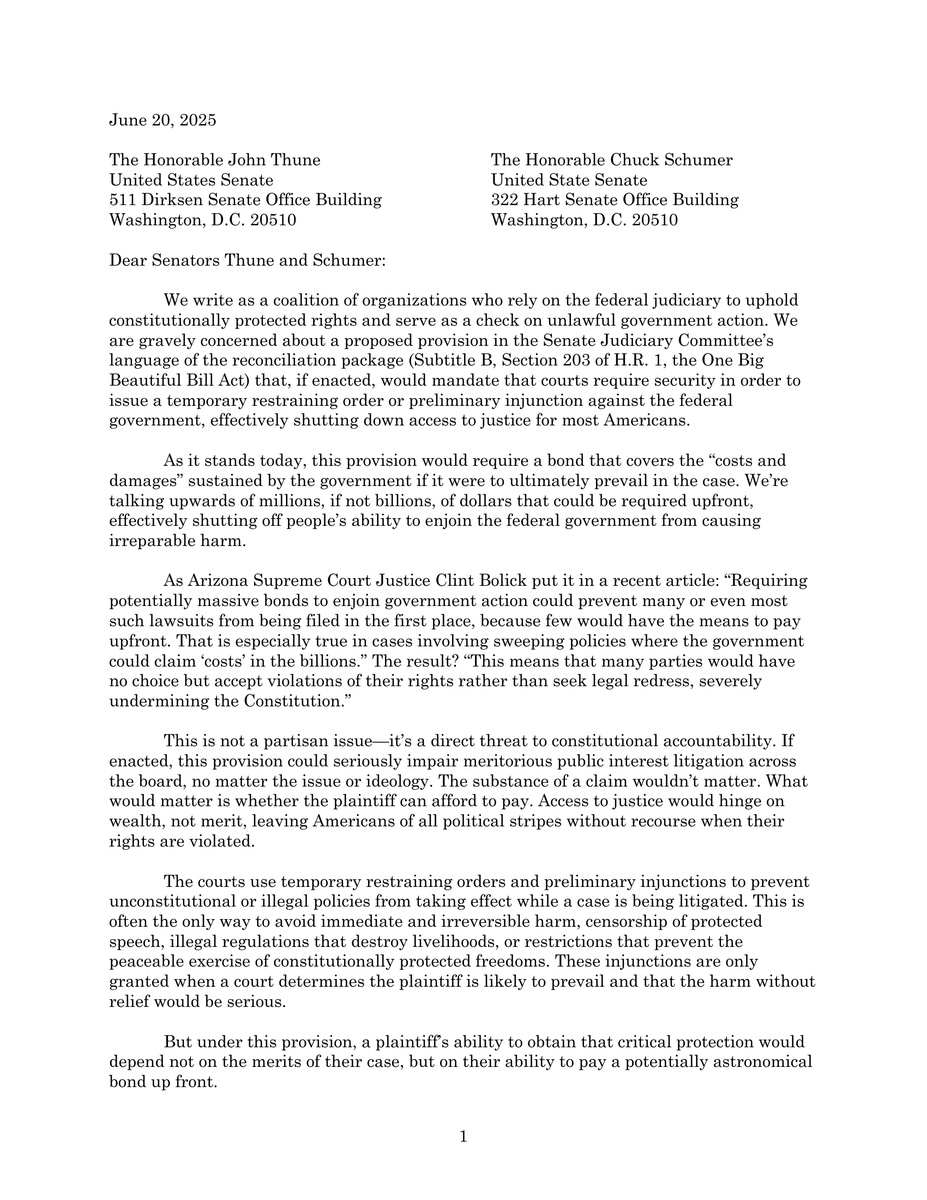 chkbal's tweet image. No American should be priced out of protecting their constitutional rights.
A proposed Senate provision would require plaintiffs challenging unconstitutional federal actions to post upfront bonds covering government "costs and damages" — potentially millions of dollars —…